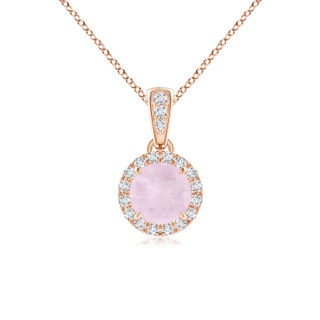 5mm A Claw-Set Round Rose Quartz Pendant with Diamond Halo in Rose Gold