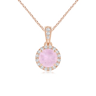 5mm AAA Claw-Set Round Rose Quartz Pendant with Diamond Halo in Rose Gold