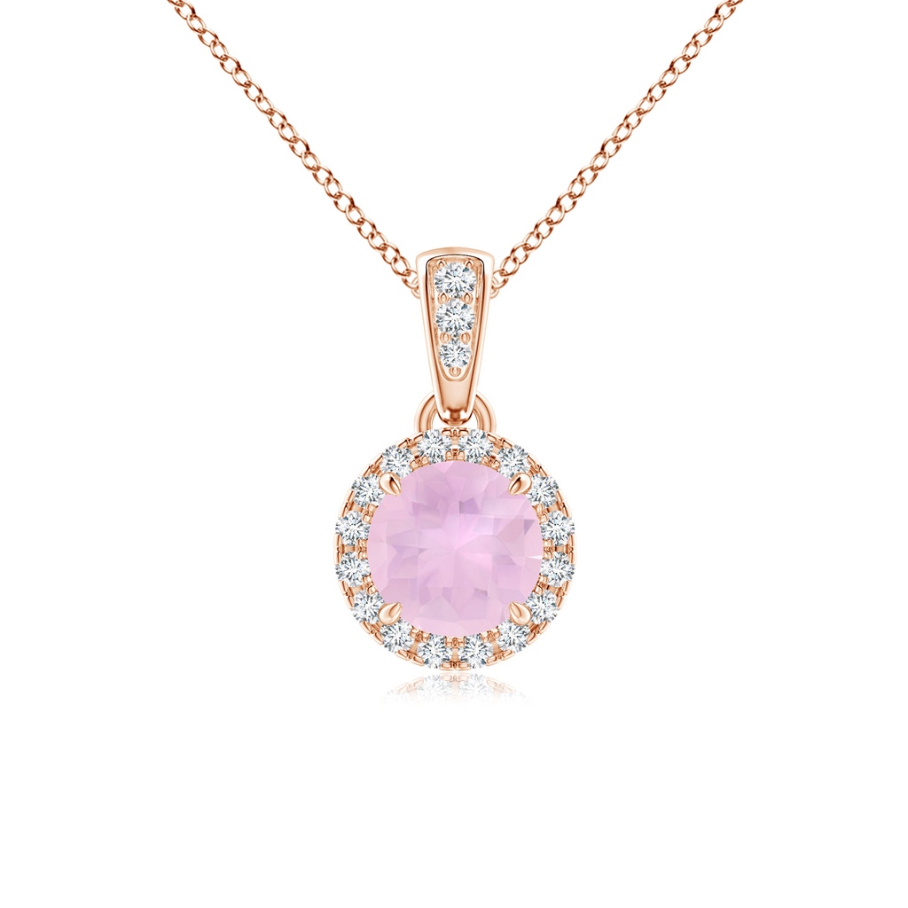 5mm AAAA Claw-Set Round Rose Quartz Pendant with Diamond Halo in Rose Gold