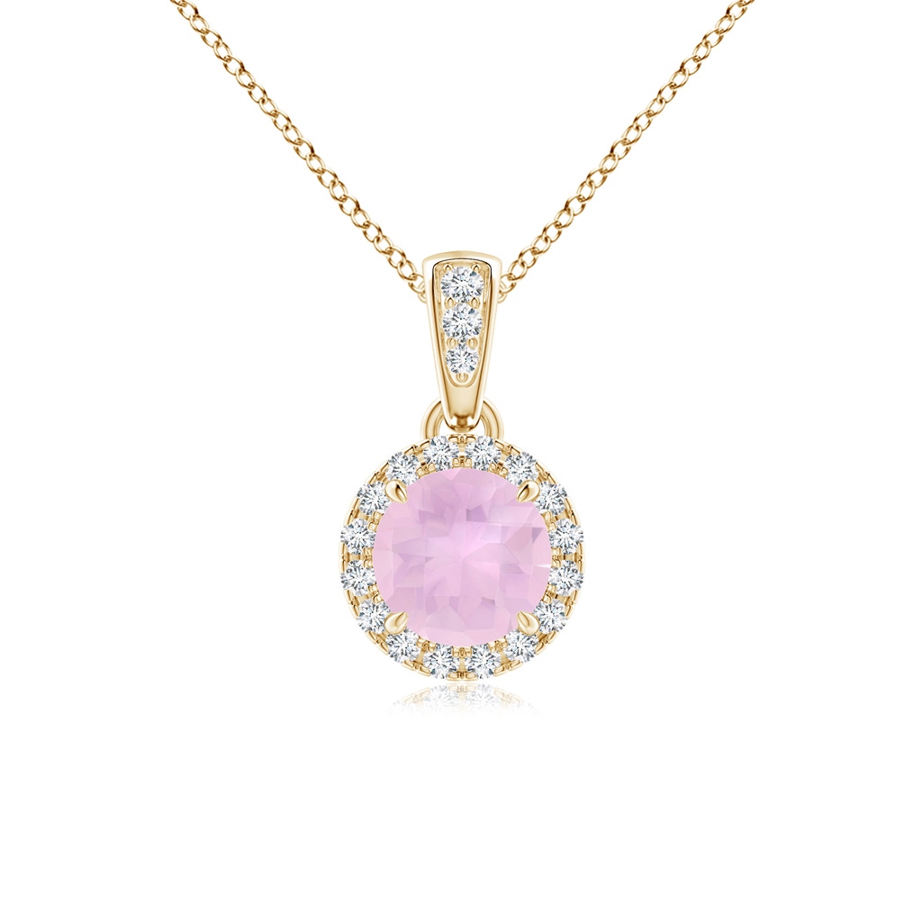 5mm AAAA Claw-Set Round Rose Quartz Pendant with Diamond Halo in Yellow Gold