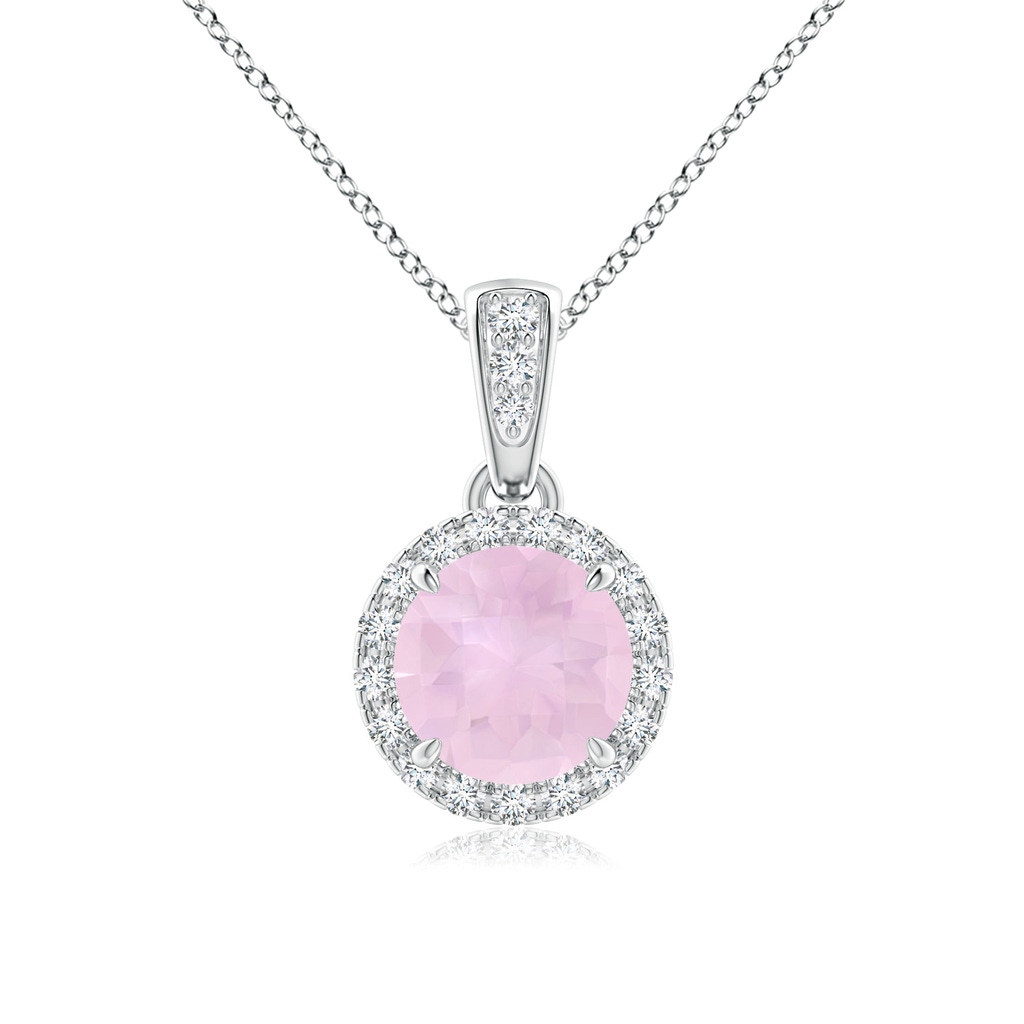 6mm AAA Claw-Set Round Rose Quartz Pendant with Diamond Halo in White Gold