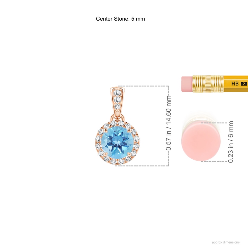 5mm A Claw-Set Round Swiss Blue Topaz Pendant with Diamond Halo in 9K Rose Gold ruler