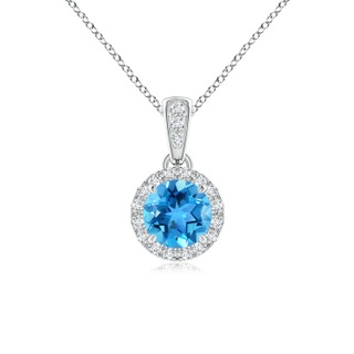 5mm AAA Claw-Set Round Swiss Blue Topaz Pendant with Diamond Halo in White Gold