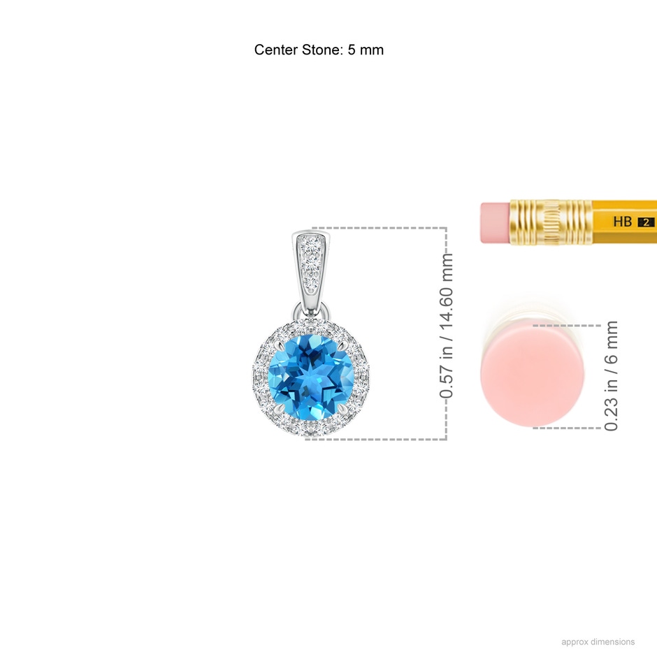 5mm AAA Claw-Set Round Swiss Blue Topaz Pendant with Diamond Halo in White Gold ruler