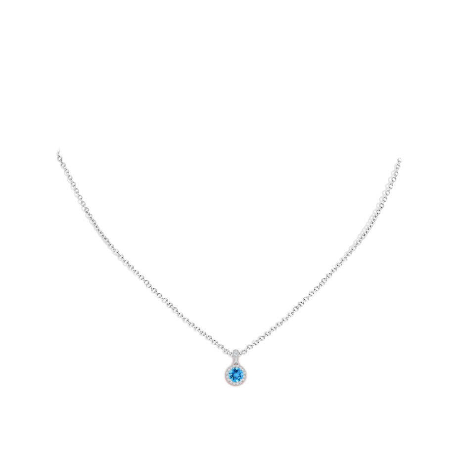 5mm AAA Claw-Set Round Swiss Blue Topaz Pendant with Diamond Halo in White Gold body-neck