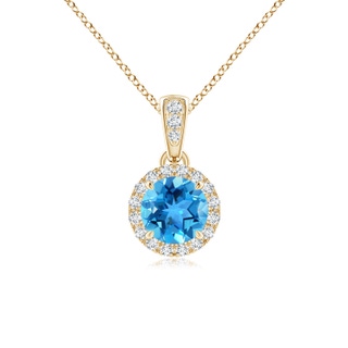 5mm AAA Claw-Set Round Swiss Blue Topaz Pendant with Diamond Halo in Yellow Gold