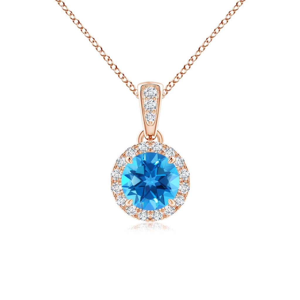 5mm AAAA Claw-Set Round Swiss Blue Topaz Pendant with Diamond Halo in Rose Gold