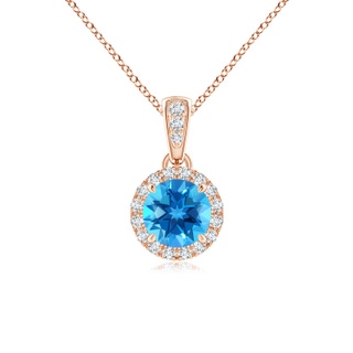 5mm AAAA Claw-Set Round Swiss Blue Topaz Pendant with Diamond Halo in Rose Gold