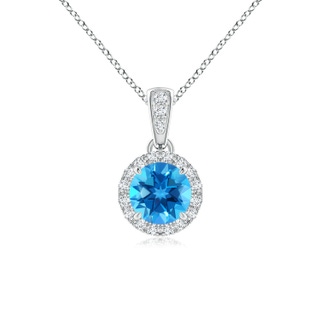 5mm AAAA Claw-Set Round Swiss Blue Topaz Pendant with Diamond Halo in White Gold
