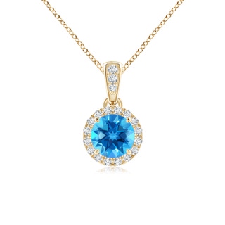 5mm AAAA Claw-Set Round Swiss Blue Topaz Pendant with Diamond Halo in Yellow Gold
