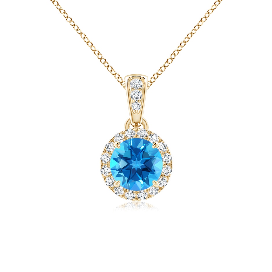 5mm AAAA Claw-Set Round Swiss Blue Topaz Pendant with Diamond Halo in Yellow Gold 