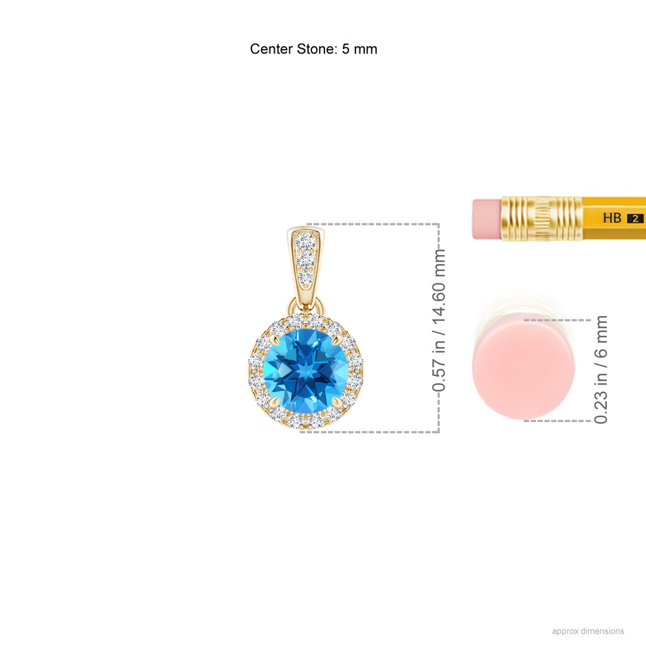 5mm AAAA Claw-Set Round Swiss Blue Topaz Pendant with Diamond Halo in Yellow Gold ruler