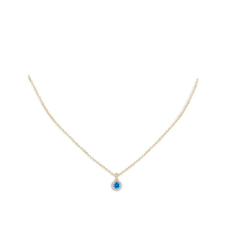 5mm AAAA Claw-Set Round Swiss Blue Topaz Pendant with Diamond Halo in Yellow Gold body-neck