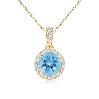 6mm A Claw-Set Round Swiss Blue Topaz Pendant with Diamond Halo in Yellow Gold