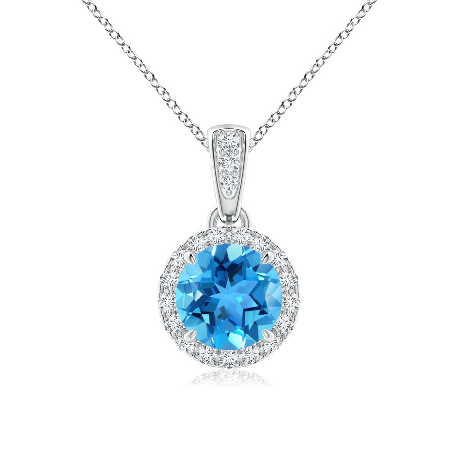 6mm AAA Claw-Set Round Swiss Blue Topaz Pendant with Diamond Halo in White Gold 