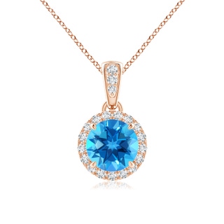 6mm AAAA Claw-Set Round Swiss Blue Topaz Pendant with Diamond Halo in Rose Gold