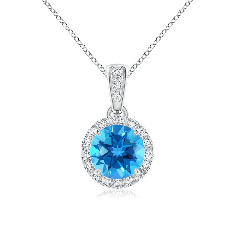 6mm AAAA Claw-Set Round Swiss Blue Topaz Pendant with Diamond Halo in White Gold 