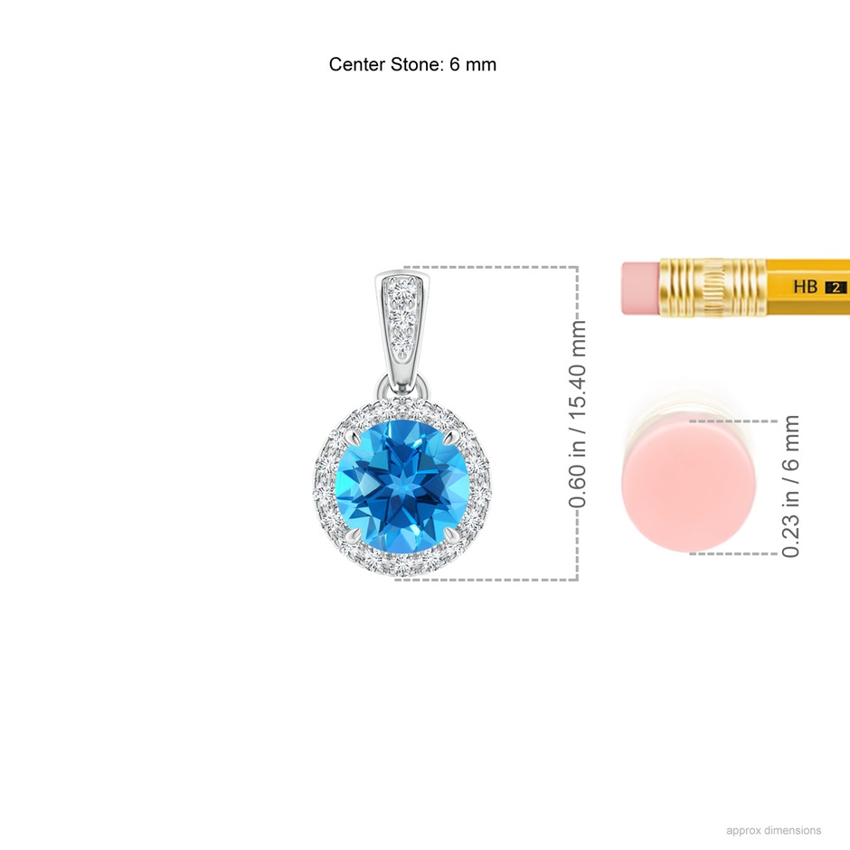 6mm AAAA Claw-Set Round Swiss Blue Topaz Pendant with Diamond Halo in White Gold ruler
