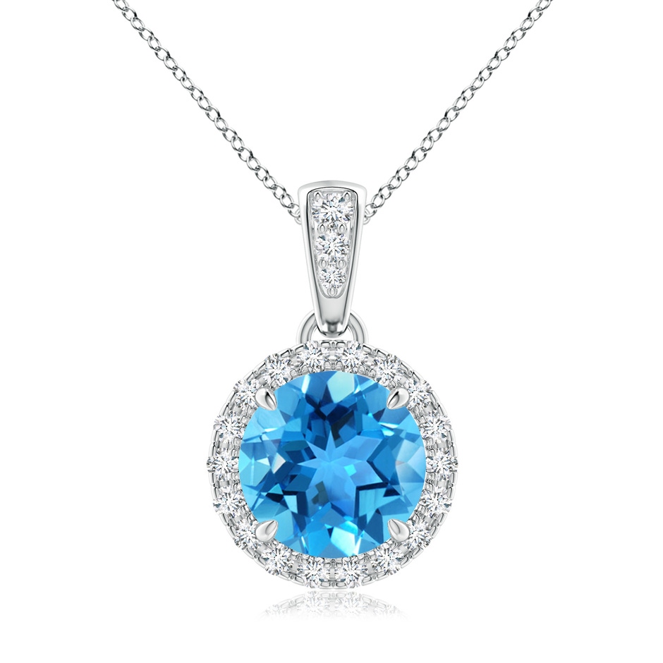 7mm AAA Claw-Set Round Swiss Blue Topaz Pendant with Diamond Halo in White Gold 