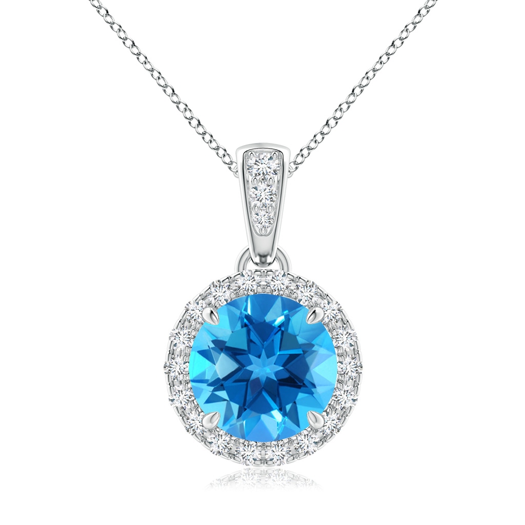7mm AAAA Claw-Set Round Swiss Blue Topaz Pendant with Diamond Halo in White Gold