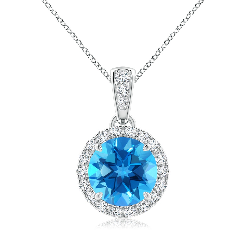 7mm AAAA Claw-Set Round Swiss Blue Topaz Pendant with Diamond Halo in White Gold 