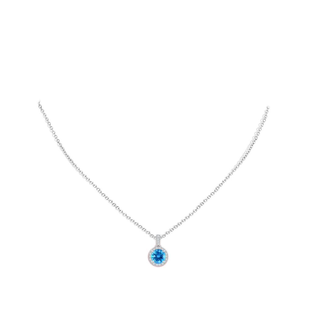 7mm AAAA Claw-Set Round Swiss Blue Topaz Pendant with Diamond Halo in White Gold Body-Neck