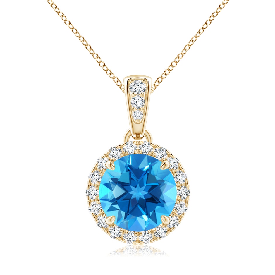 7mm AAAA Claw-Set Round Swiss Blue Topaz Pendant with Diamond Halo in Yellow Gold 