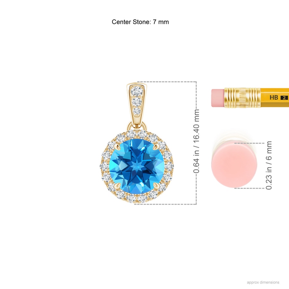 7mm AAAA Claw-Set Round Swiss Blue Topaz Pendant with Diamond Halo in Yellow Gold ruler