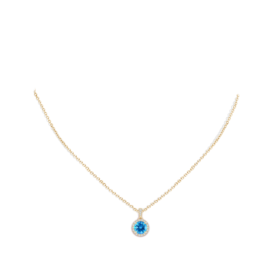 7mm AAAA Claw-Set Round Swiss Blue Topaz Pendant with Diamond Halo in Yellow Gold pen