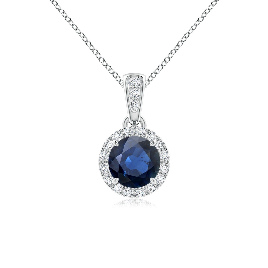 5mm AA Claw-Set Round Sapphire Pendant with Diamond Halo in White Gold 