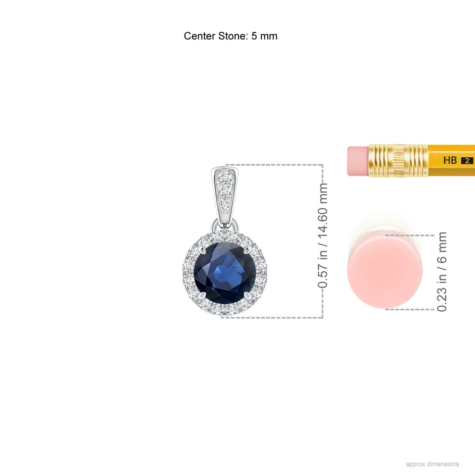 5mm AA Claw-Set Round Sapphire Pendant with Diamond Halo in White Gold ruler