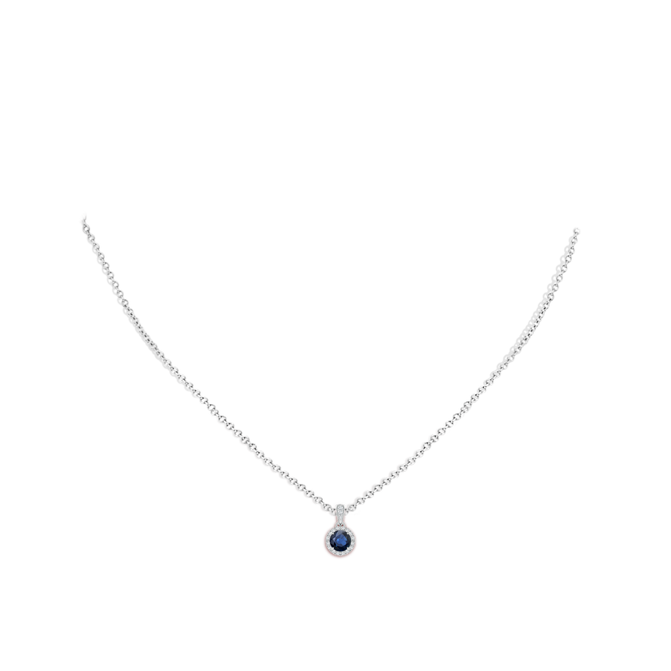 5mm AA Claw-Set Round Sapphire Pendant with Diamond Halo in White Gold body-neck