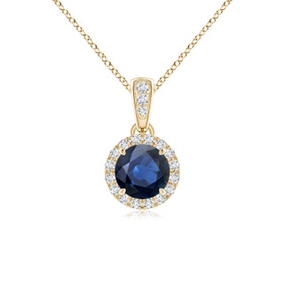 5mm AA Claw-Set Round Sapphire Pendant with Diamond Halo in Yellow Gold