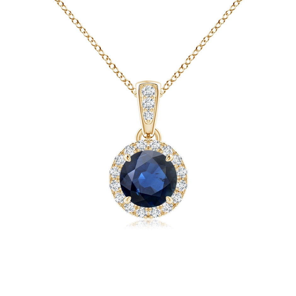 5mm AA Claw-Set Round Sapphire Pendant with Diamond Halo in Yellow Gold 