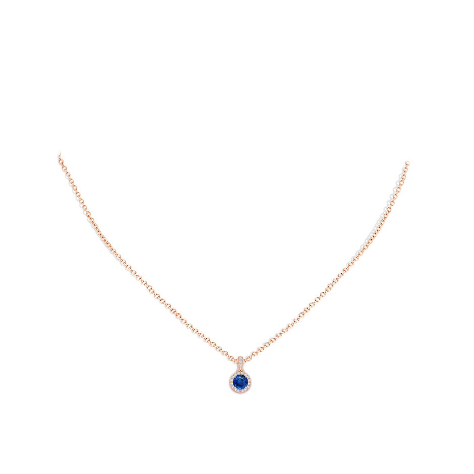 5mm AAA Claw-Set Round Sapphire Pendant with Diamond Halo in Rose Gold body-neck