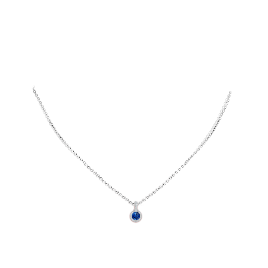 5mm AAA Claw-Set Round Sapphire Pendant with Diamond Halo in White Gold body-neck