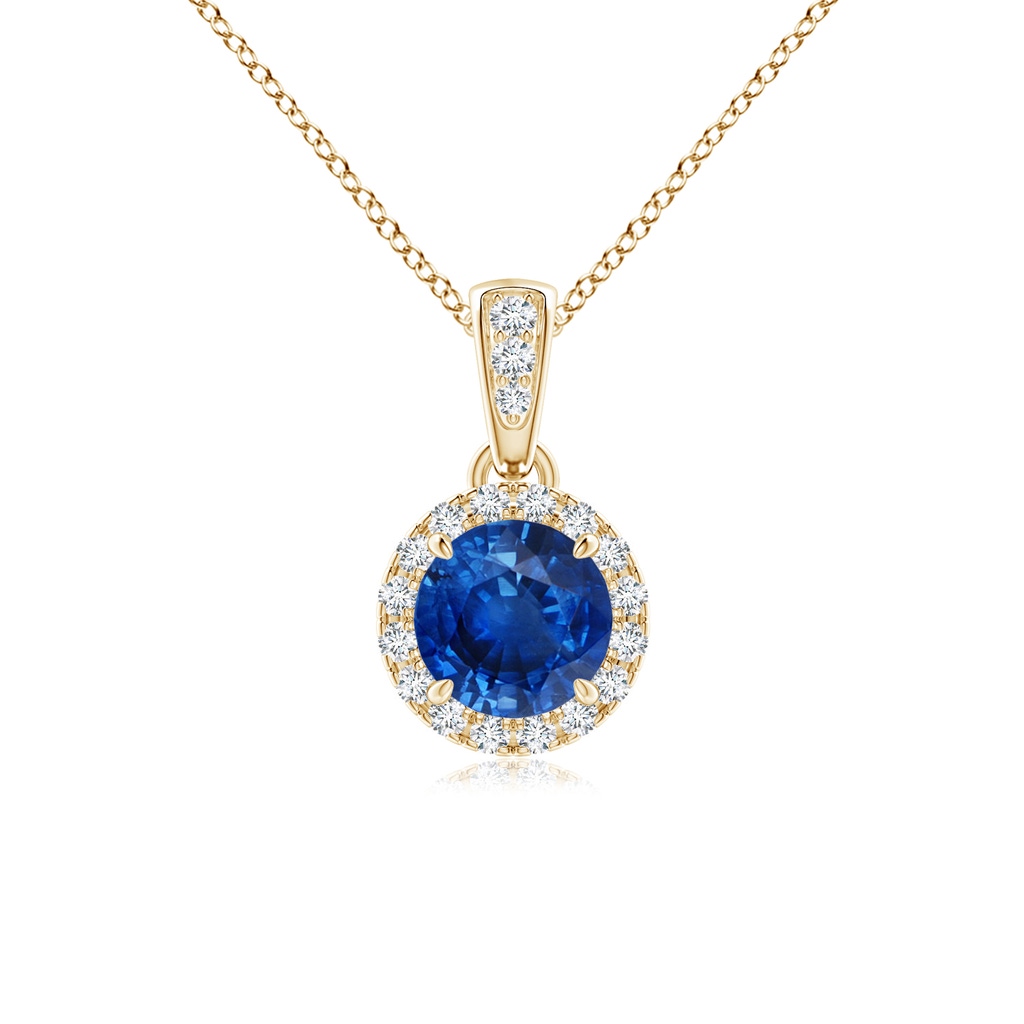 5mm AAA Claw-Set Round Sapphire Pendant with Diamond Halo in Yellow Gold