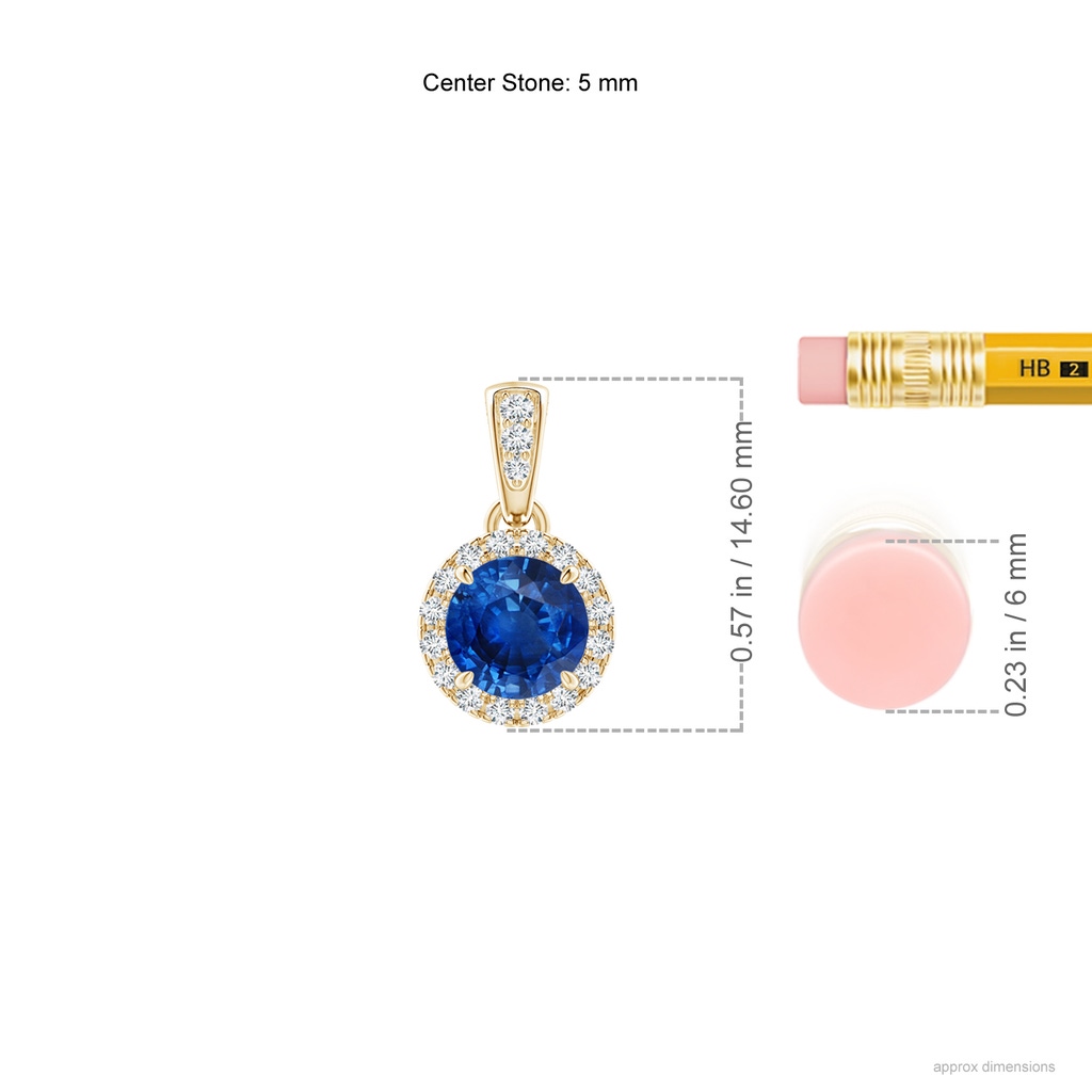 5mm AAA Claw-Set Round Sapphire Pendant with Diamond Halo in Yellow Gold Ruler