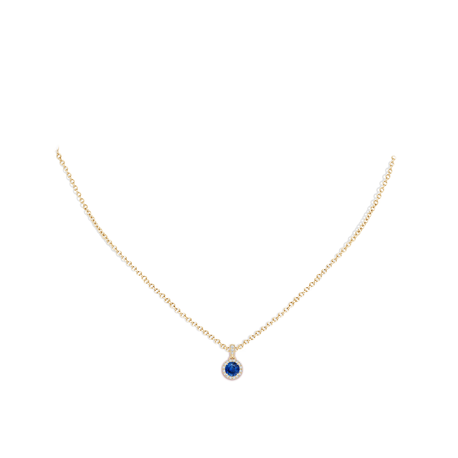5mm AAA Claw-Set Round Sapphire Pendant with Diamond Halo in Yellow Gold - body_neck