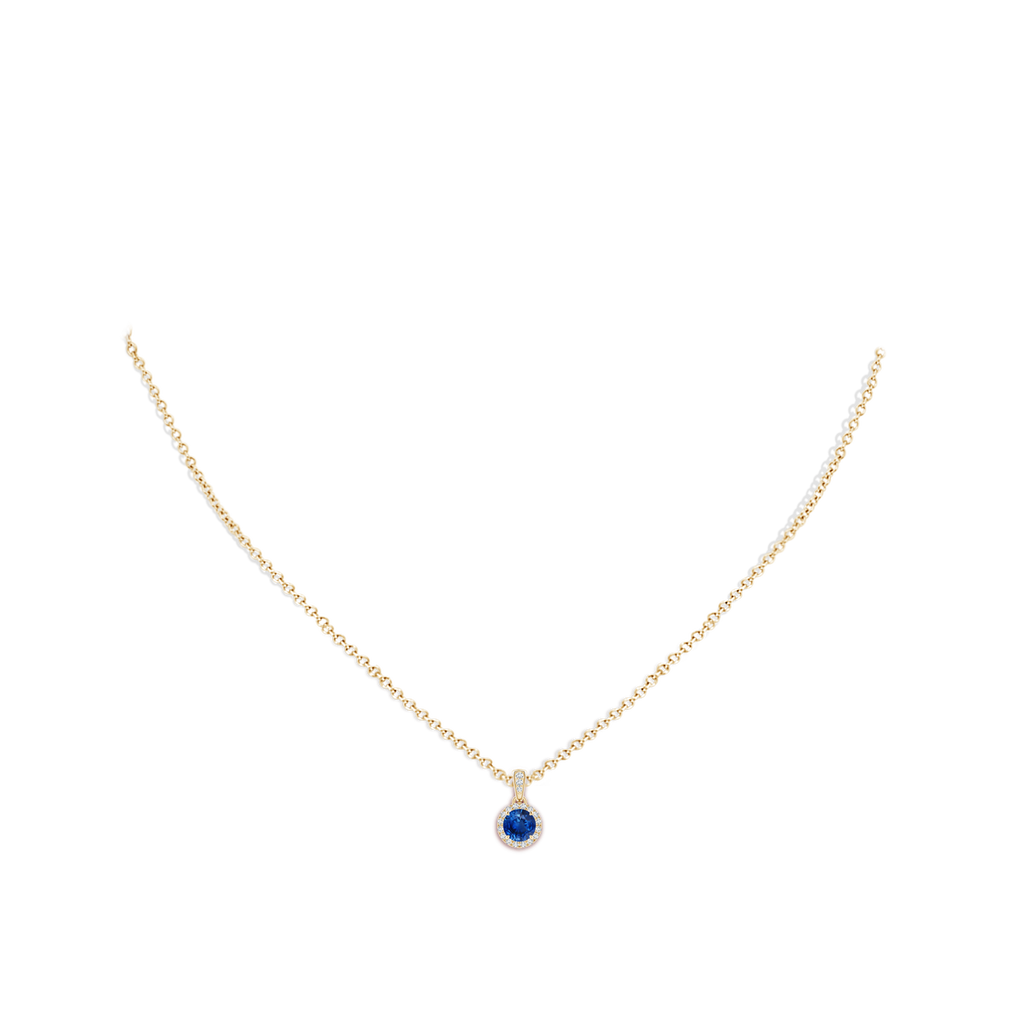 5mm AAA Claw-Set Round Sapphire Pendant with Diamond Halo in Yellow Gold Body-Neck