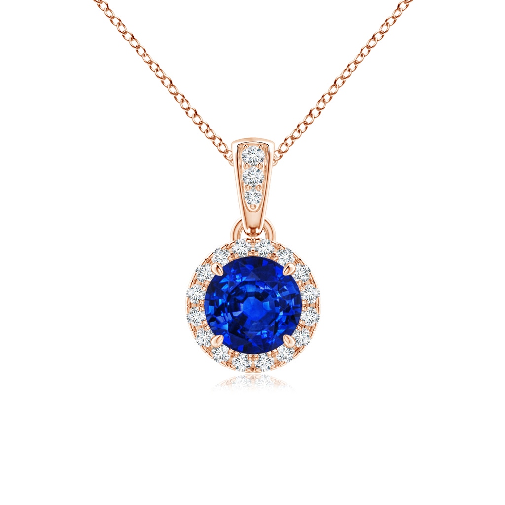 5mm AAAA Claw-Set Round Sapphire Pendant with Diamond Halo in Rose Gold