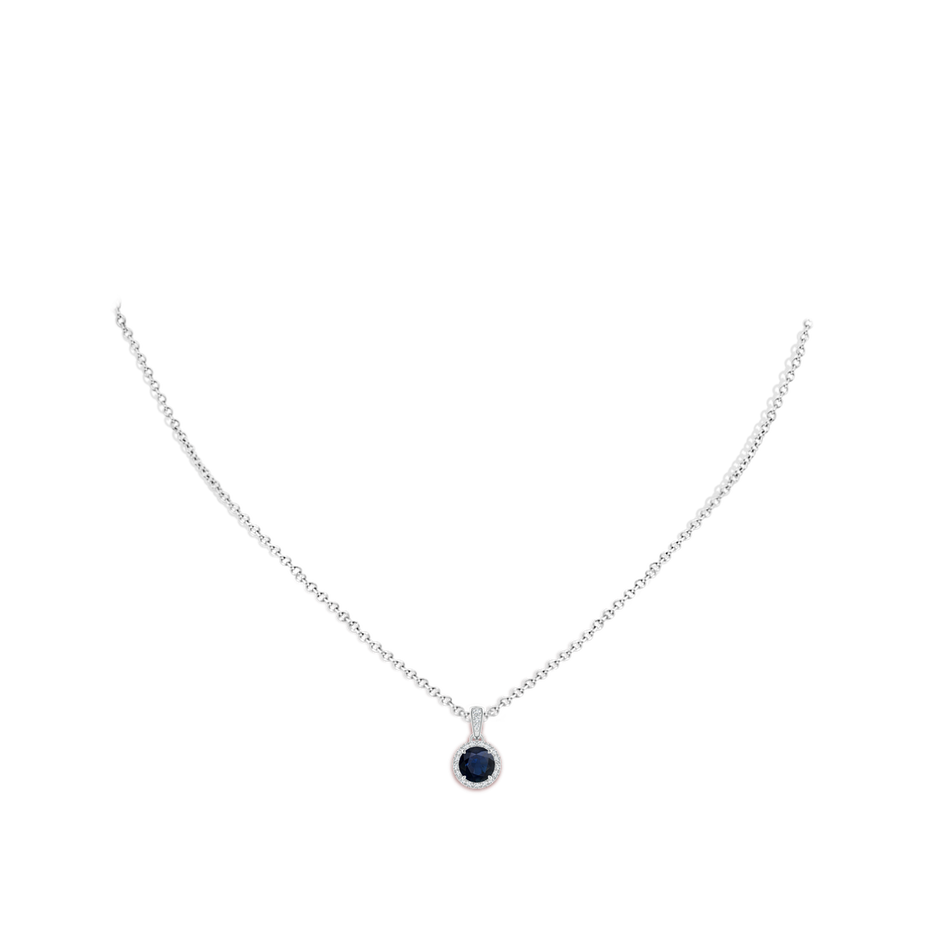 6mm A Claw-Set Round Sapphire Pendant with Diamond Halo in White Gold body-neck