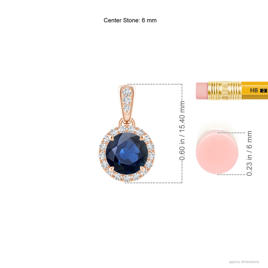 6mm AA Claw-Set Round Sapphire Pendant with Diamond Halo in Rose Gold ruler
