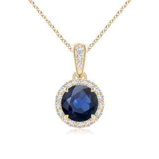 6mm AA Claw-Set Round Sapphire Pendant with Diamond Halo in Yellow Gold