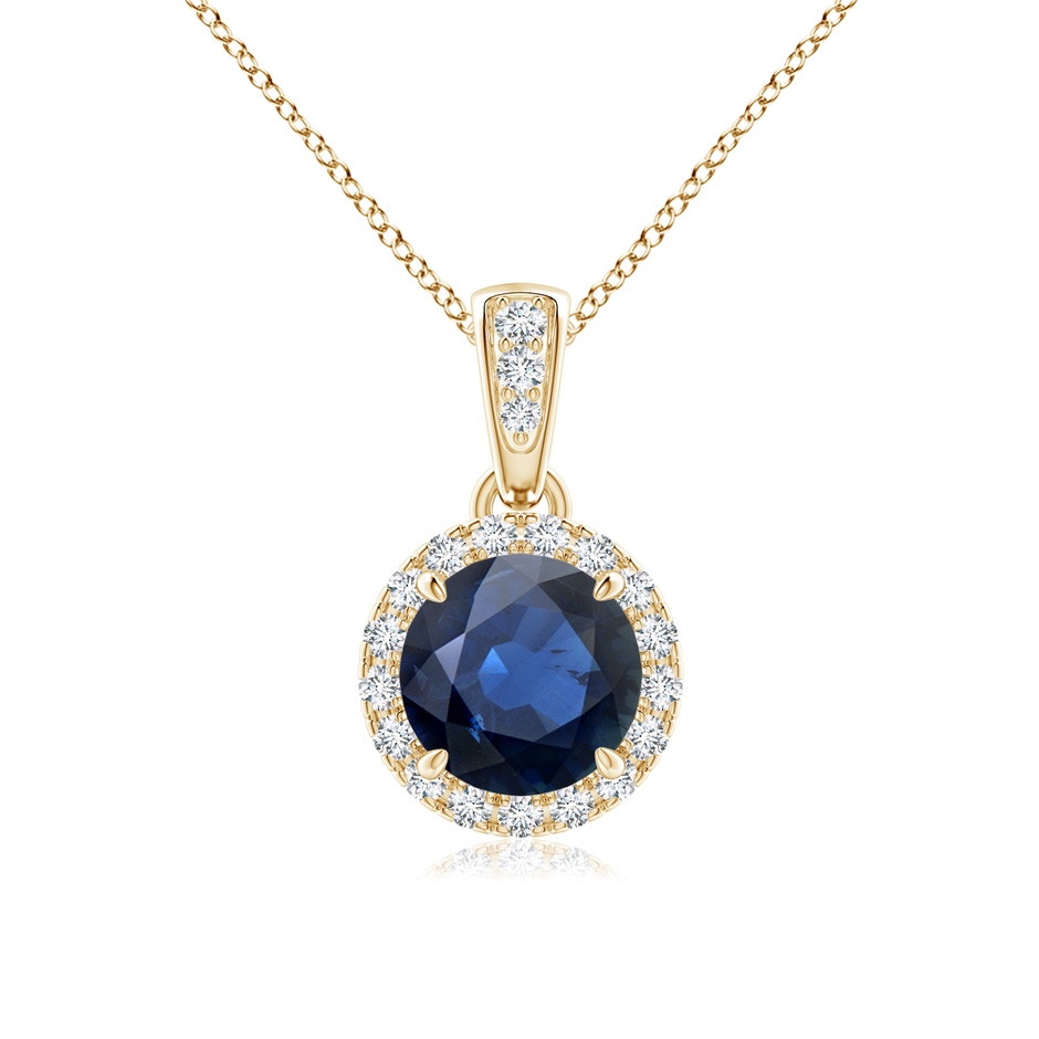 6mm AA Claw-Set Round Sapphire Pendant with Diamond Halo in Yellow Gold 