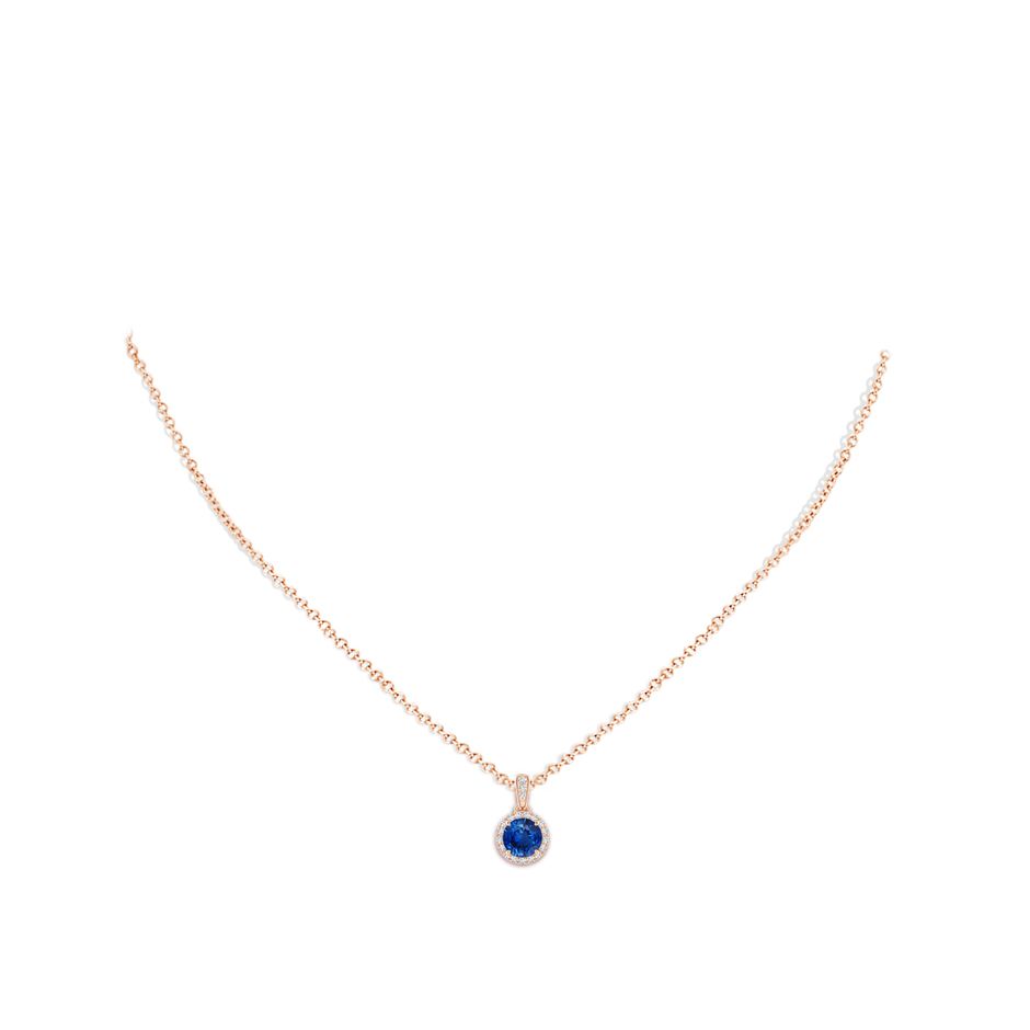 6mm AAA Claw-Set Round Sapphire Pendant with Diamond Halo in Rose Gold body-neck