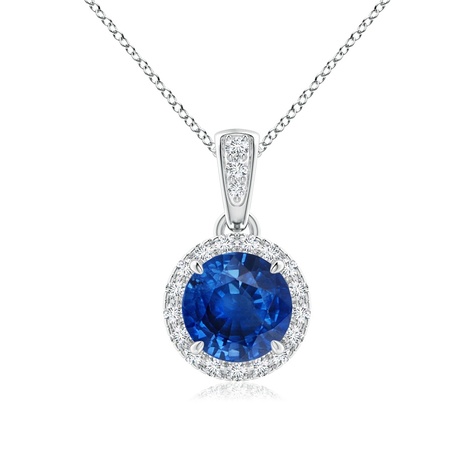 6mm AAA Claw-Set Round Sapphire Pendant with Diamond Halo in White Gold 