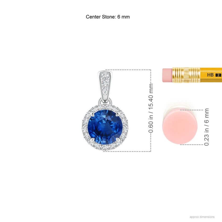 6mm AAA Claw-Set Round Sapphire Pendant with Diamond Halo in White Gold ruler