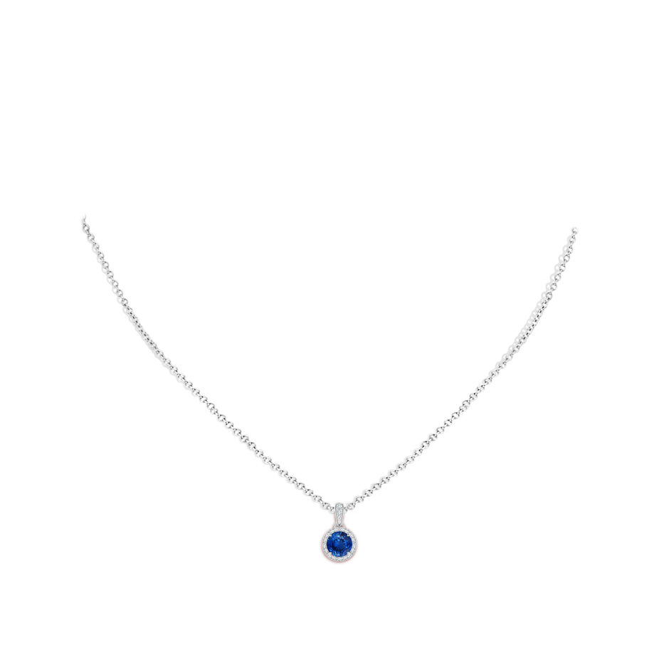 6mm AAA Claw-Set Round Sapphire Pendant with Diamond Halo in White Gold body-neck