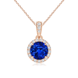 6mm AAAA Claw-Set Round Sapphire Pendant with Diamond Halo in Rose Gold